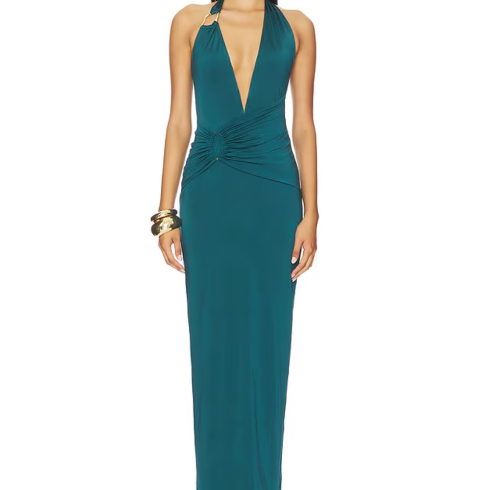 Nookie Teal Halter Maxi Dress with Deep V-Neck